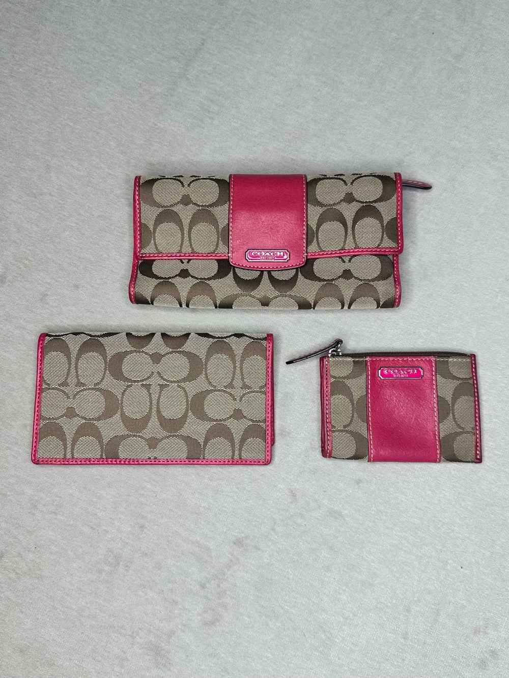 Coach Brown Signature Canvas Wallet & Card Set with Pink Trim